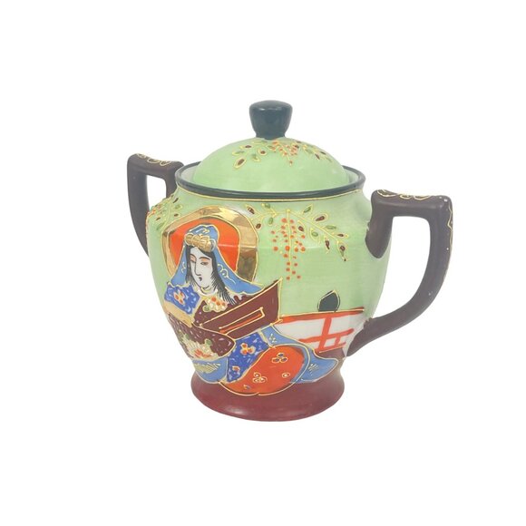 Vintage Satsuma Hand Painted Japanese Immortals Sugar Bowl with Handles and Lid - Picture 4 of 11